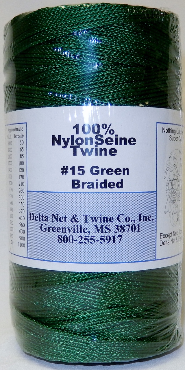 Green Braided Nylon Twine; Size 15; approx. 1300 ft/lb; 1 pound spool