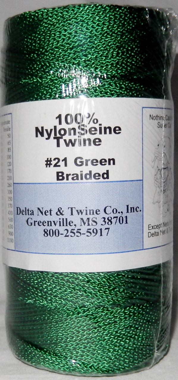 Green Braided Nylon Twine; Size 21; approx. 820 ft/lb; 1 pound spool