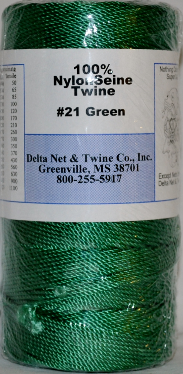 Green Twisted Nylon Twine; Size 21; approx. 900 ft/lb; 1 pound spool